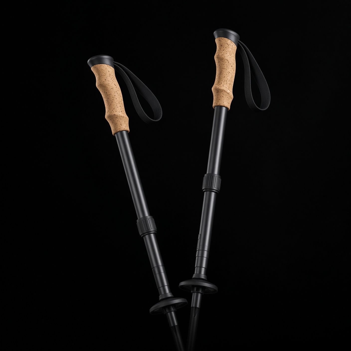 Aluminum trekking poles with ergonomic cork grips, Thru Picks illustration