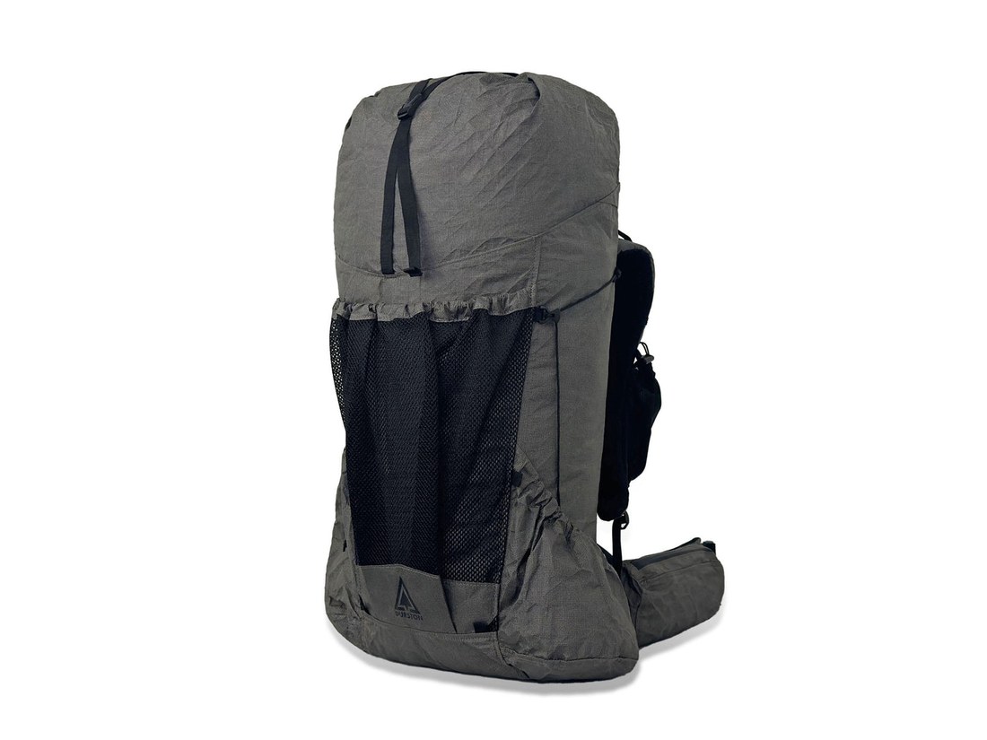Black 55 liter ultralight backpack, Thru Picks illustration