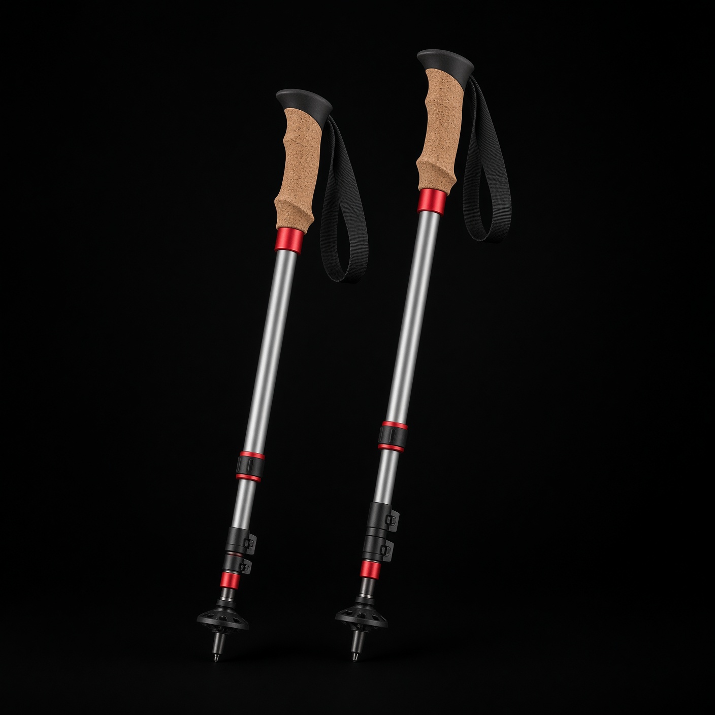Aluminum trekking poles with cork grips, Thru Picks illustration