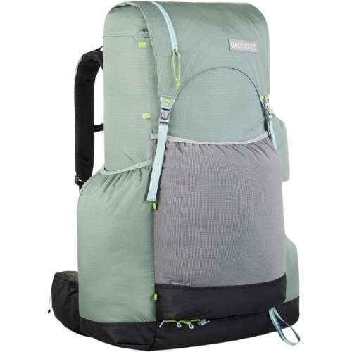 Gray thru-hiking pack with mesh pocket, Thru Picks illustration