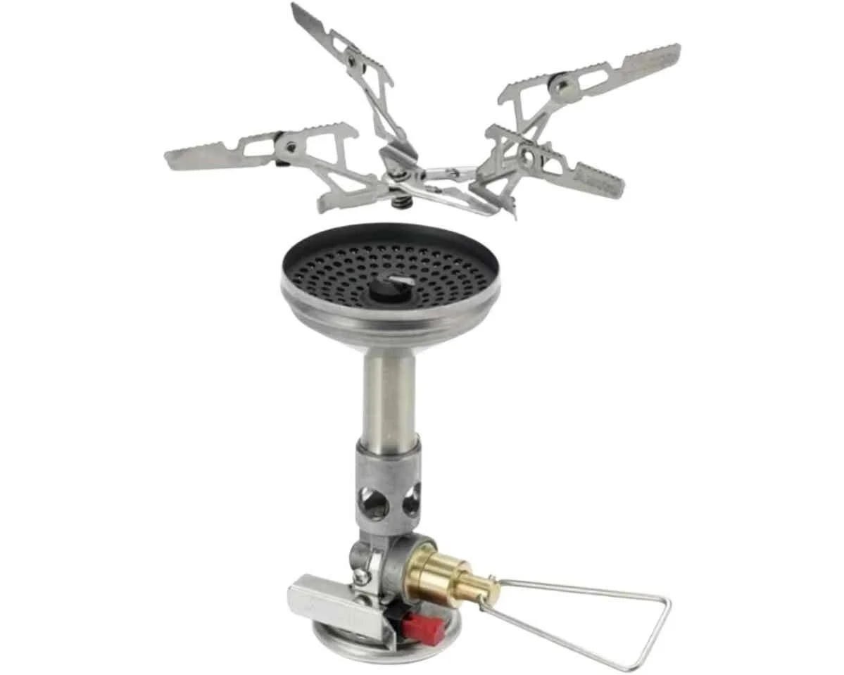 Canister stove with four-arm pot support, Thru Picks illustration
