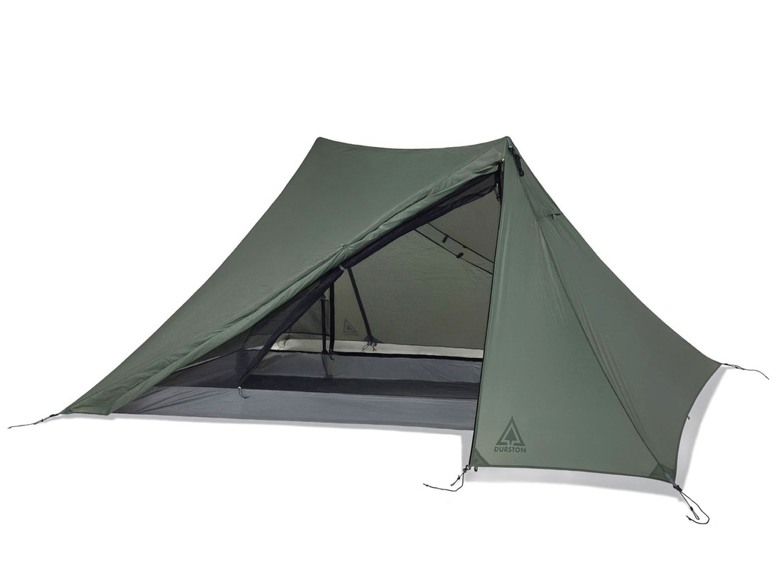 Tan silnylon one-person trekking pole tent, Thru Picks illustration